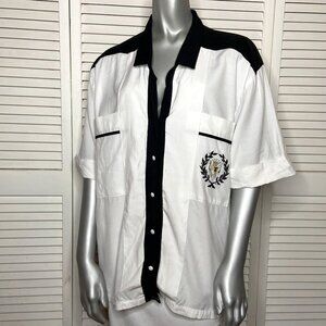 Vtg 80s 90s AUDRIANA Button Front ROCKABILLY Bowling Crest Collared Shirt L